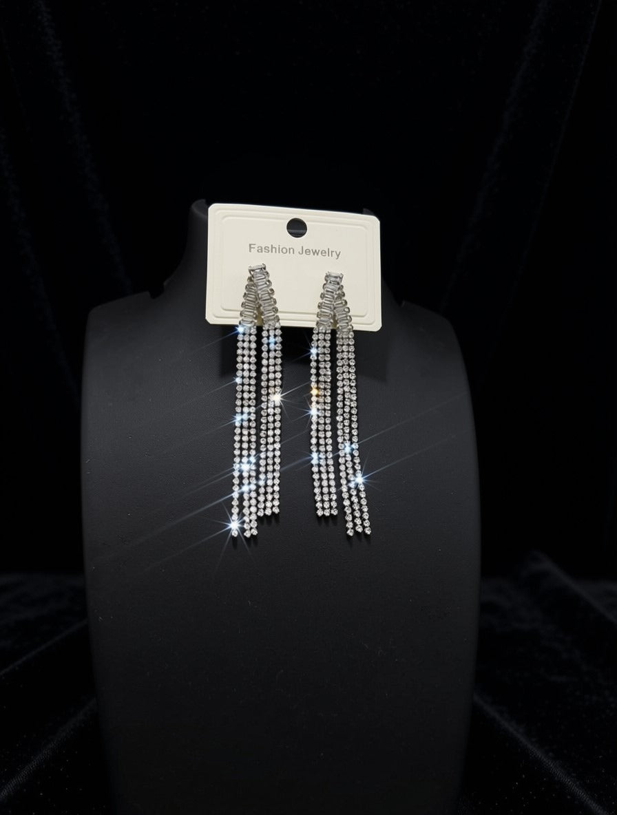 Radiant Crystal Fringe Statement Earrings – Glamorous Long Tassel Dangle Earrings for Weddings, Parties, and Evening Wear