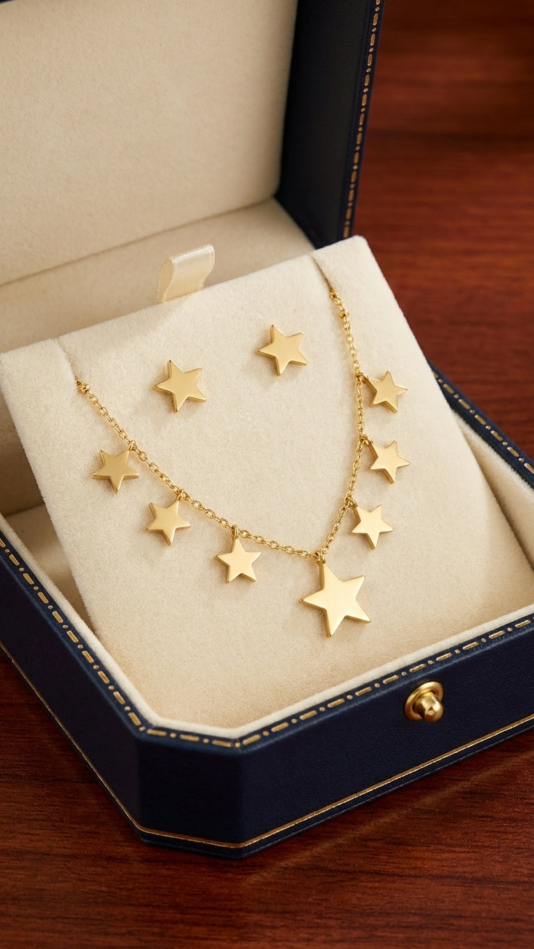 Gold star charm necklace and earrings set displayed in open pink velvet luxury jewelry gift box on cream satin – bridal jewelry set AureliaBlends