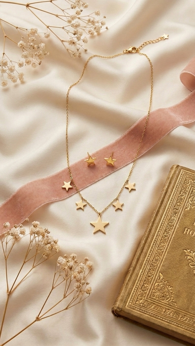 Close-up of gold multi-star dangle necklace and star stud earrings on black velvet background – gold-plated star charm jewelry set