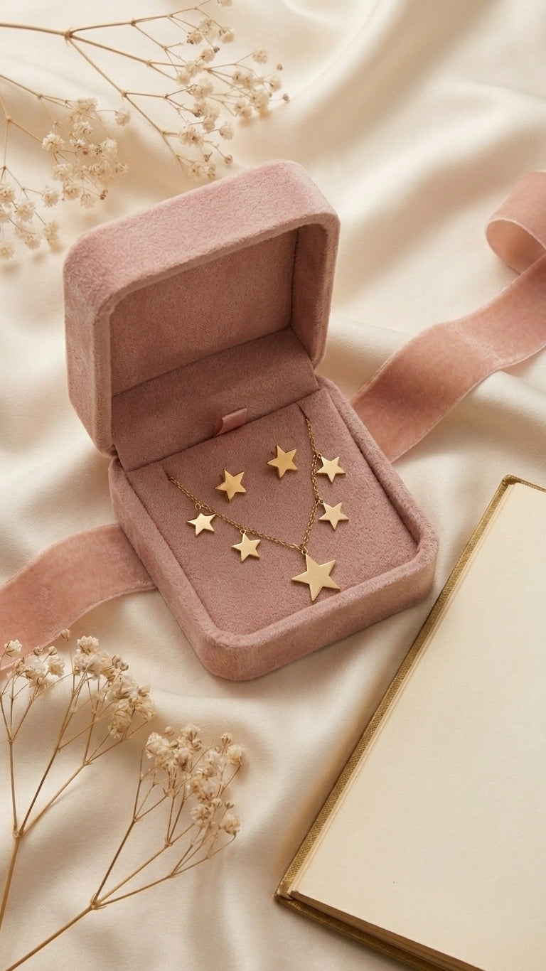 Gold star charm necklace and earrings set displayed on black velvet jewelry pillow in luxury jewelry boutique showcase – statement necklace set