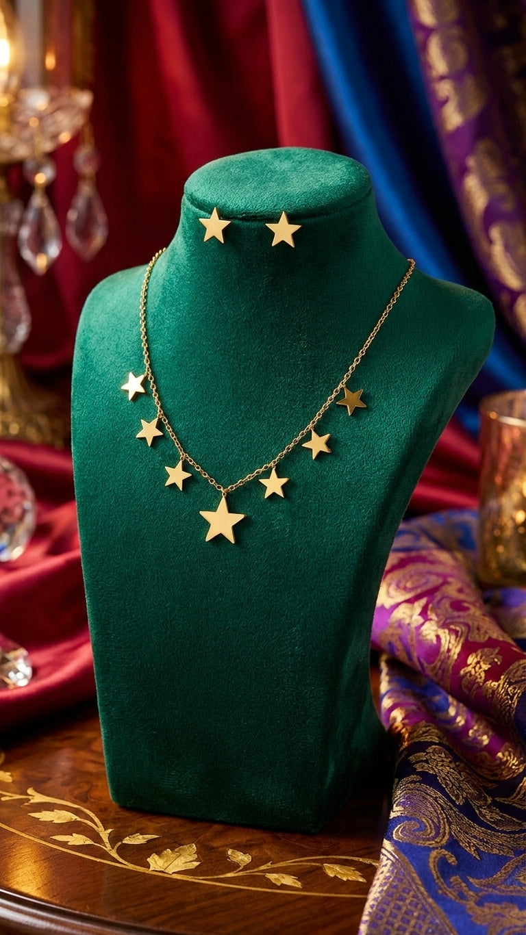 Gold star charm necklace and earrings set in pink velvet gift box with ribbon – luxury jewelry set gift for her USA UAE Australia