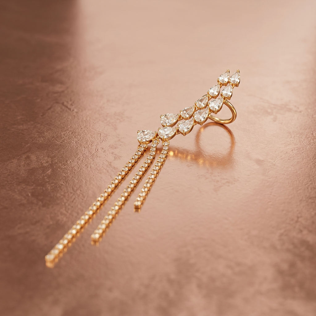 Crystal Crawler Ear Cuff with Dangle Chain | Gold Statement Ear Climber | Bridal Wedding Jewelry | Glamorous Long Tassel Ear Wrap for Her