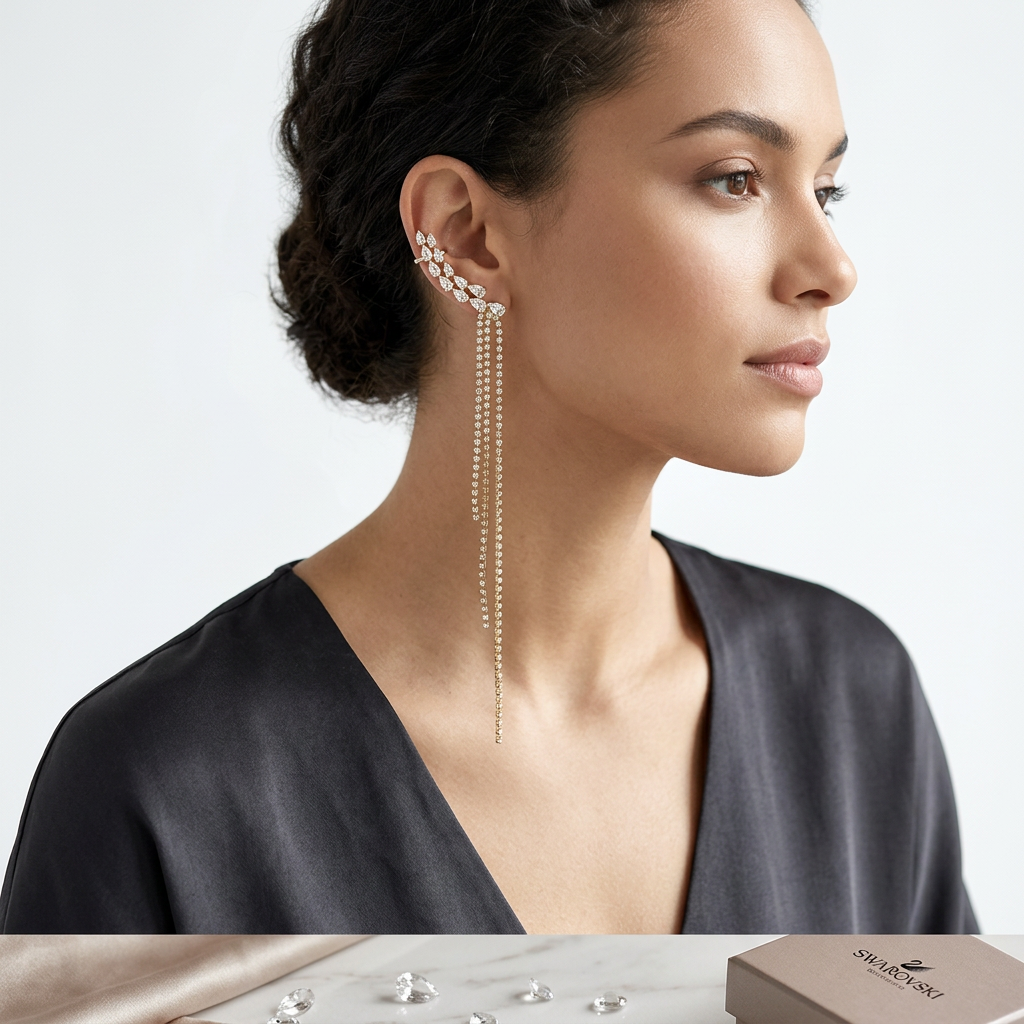 Crystal Crawler Ear Cuff with Dangle Chain | Gold Statement Ear Climber | Bridal Wedding Jewelry | Glamorous Long Tassel Ear Wrap for Her