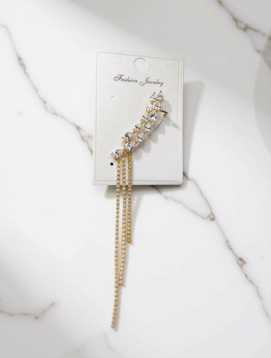Crystal Crawler Ear Cuff with Dangle Chain | Gold Statement Ear Climber | Bridal Wedding Jewelry | Glamorous Long Tassel Ear Wrap for Her