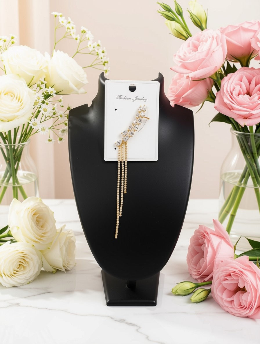 Crystal Crawler Ear Cuff with Dangle Chain | Gold Statement Ear Climber | Bridal Wedding Jewelry | Glamorous Long Tassel Ear Wrap for Her