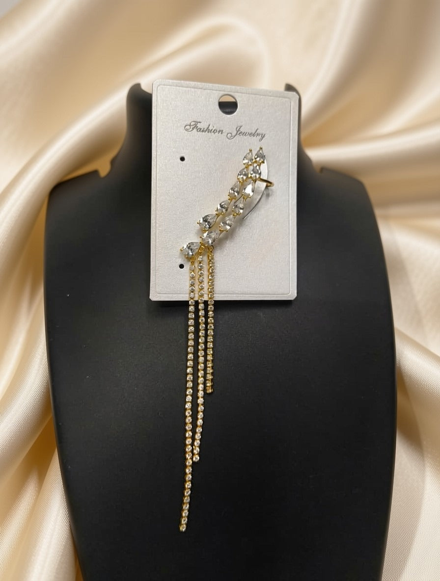 Crystal Crawler Ear Cuff with Dangle Chain | Gold Statement Ear Climber | Bridal Wedding Jewelry | Glamorous Long Tassel Ear Wrap for Her