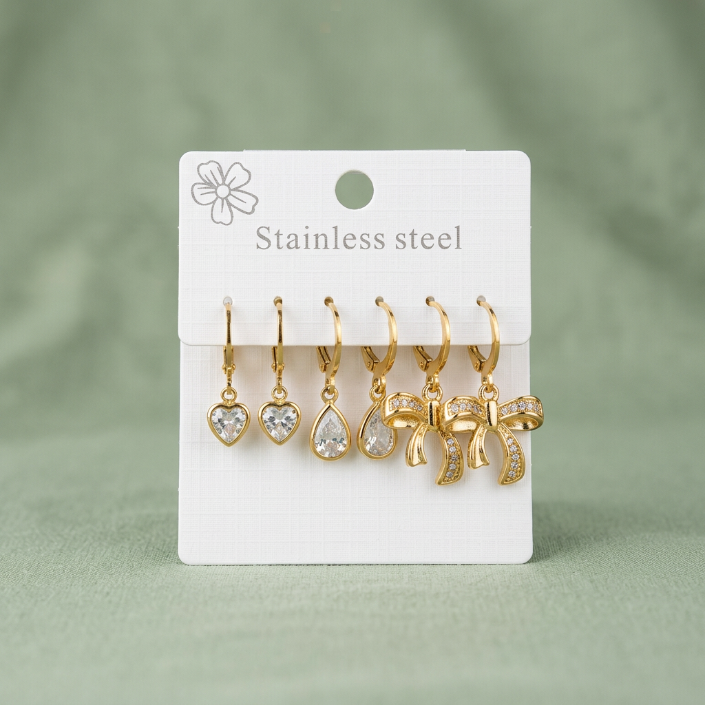 3-Pair Gold-Plated Hoop Earring Set – Heart, Teardrop & Bow Charm Dangle Earrings for Women