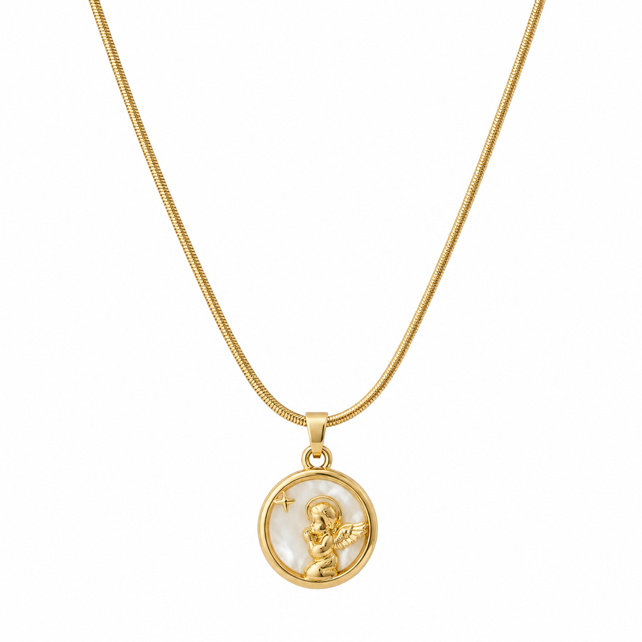 Woman wearing gold cherub angel medallion pendant necklace with mother-of-pearl inlay on snake chain at collarbone in white blouse – AureliaBlends bridal jewelry
