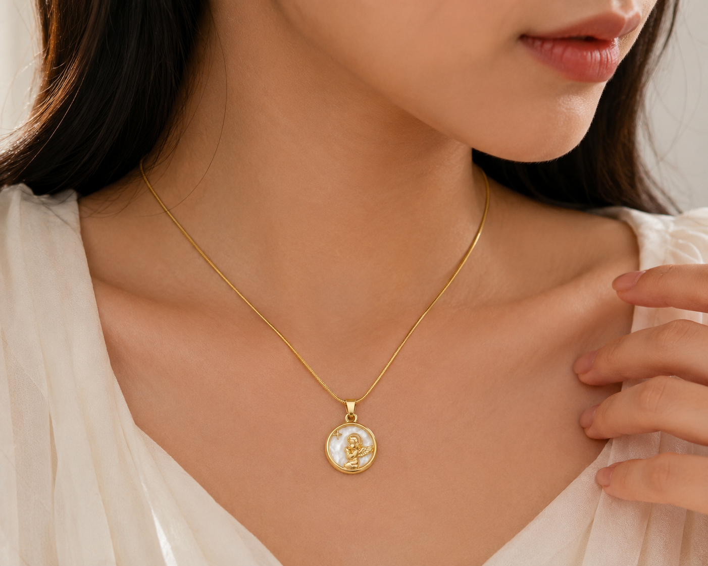 Gold cherub angel medallion necklace in open beige luxury jewelry gift box with gold ribbon and 'Especially for You' card – gift for her AureliaBlends