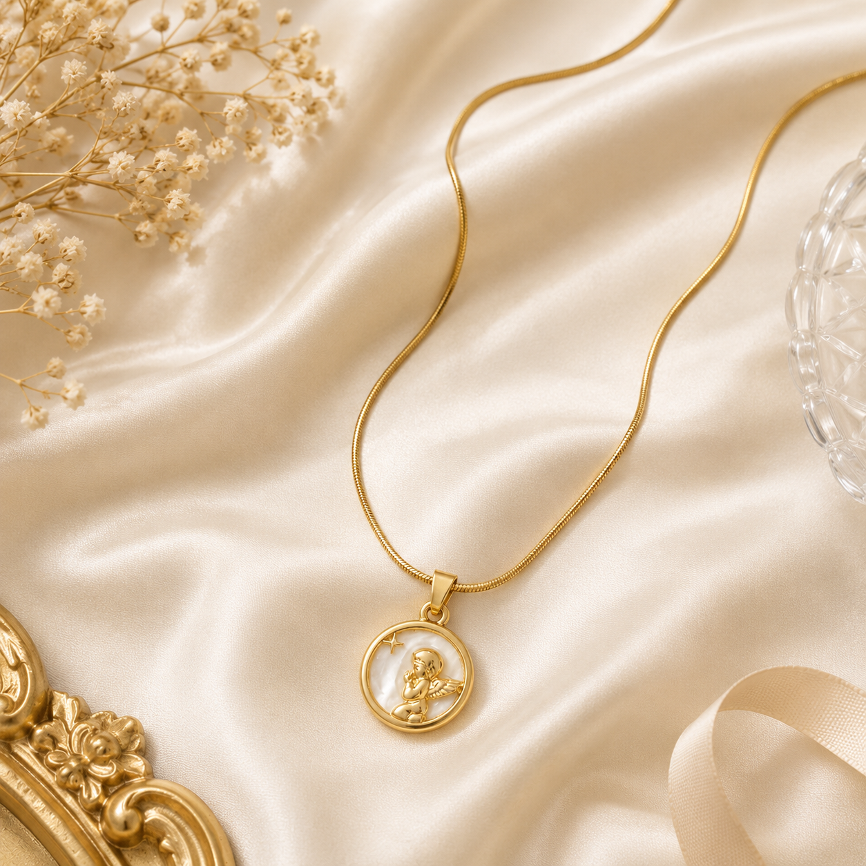 Gold mother-of-pearl angel medallion pendant necklace on snake chain flatlay on black satin with dried flowers – statement necklace AureliaBlends