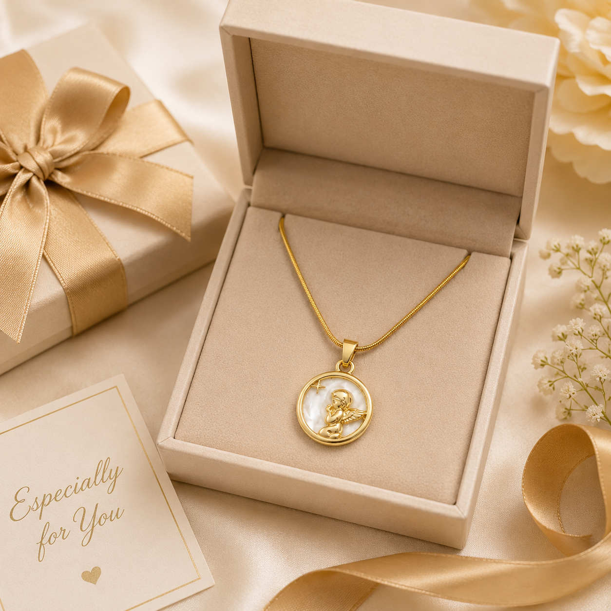 Gold cherub angel medallion necklace displayed on black velvet jewelry bust in Aurelia Jewels boutique with luxury gift box – bridal jewelry gift USA UK