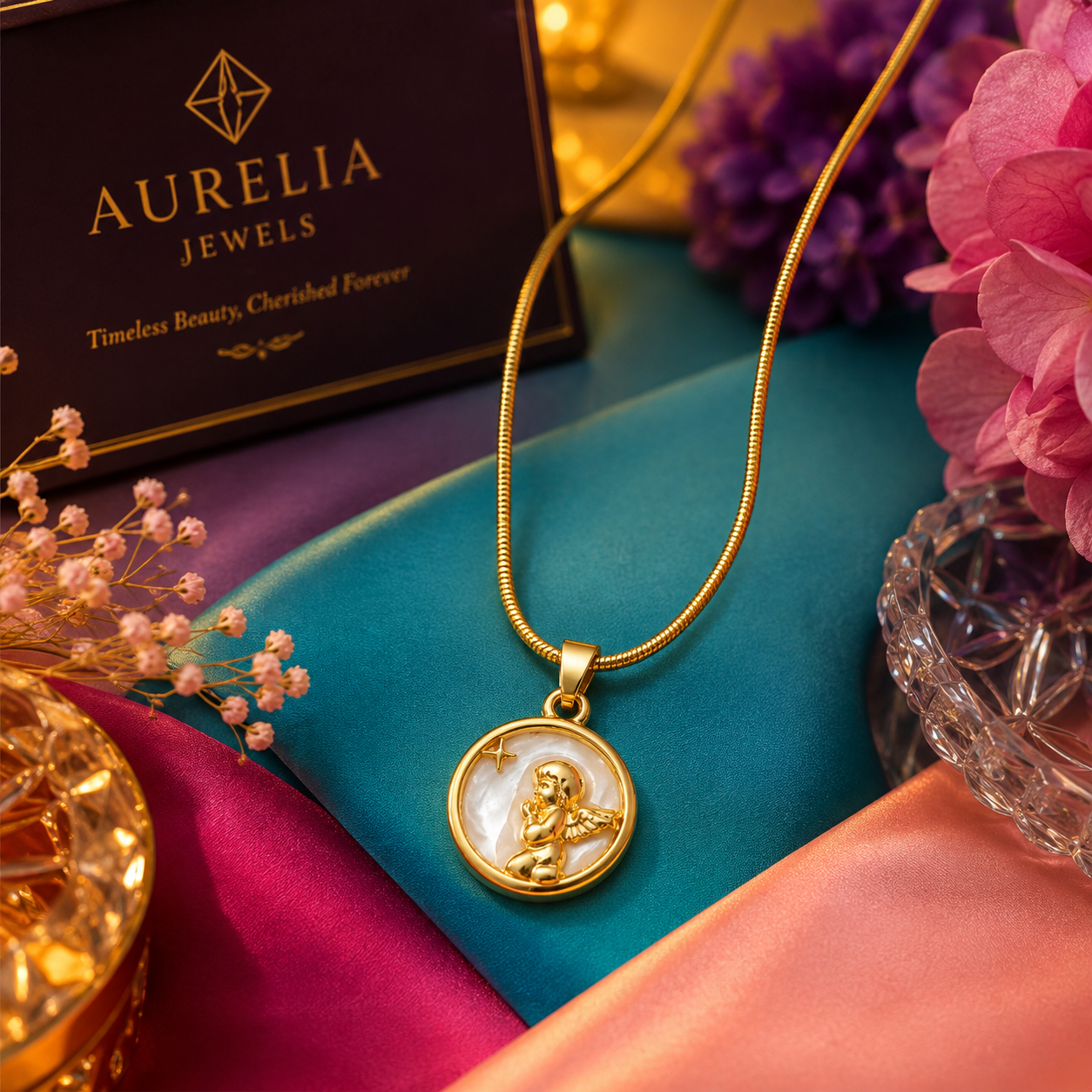 Gold angel medallion necklace in beige luxury gift box with gold bow on cream satin – elegant bridal jewelry bridesmaid gift UK Australia UAE