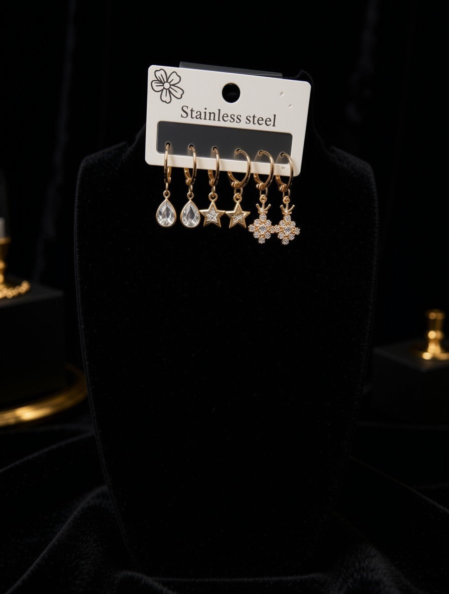 3-Pair Gold-Plated Hoop Earring Set – Teardrop, Star & Sparkling Floral Charm Dangle Earrings for Women