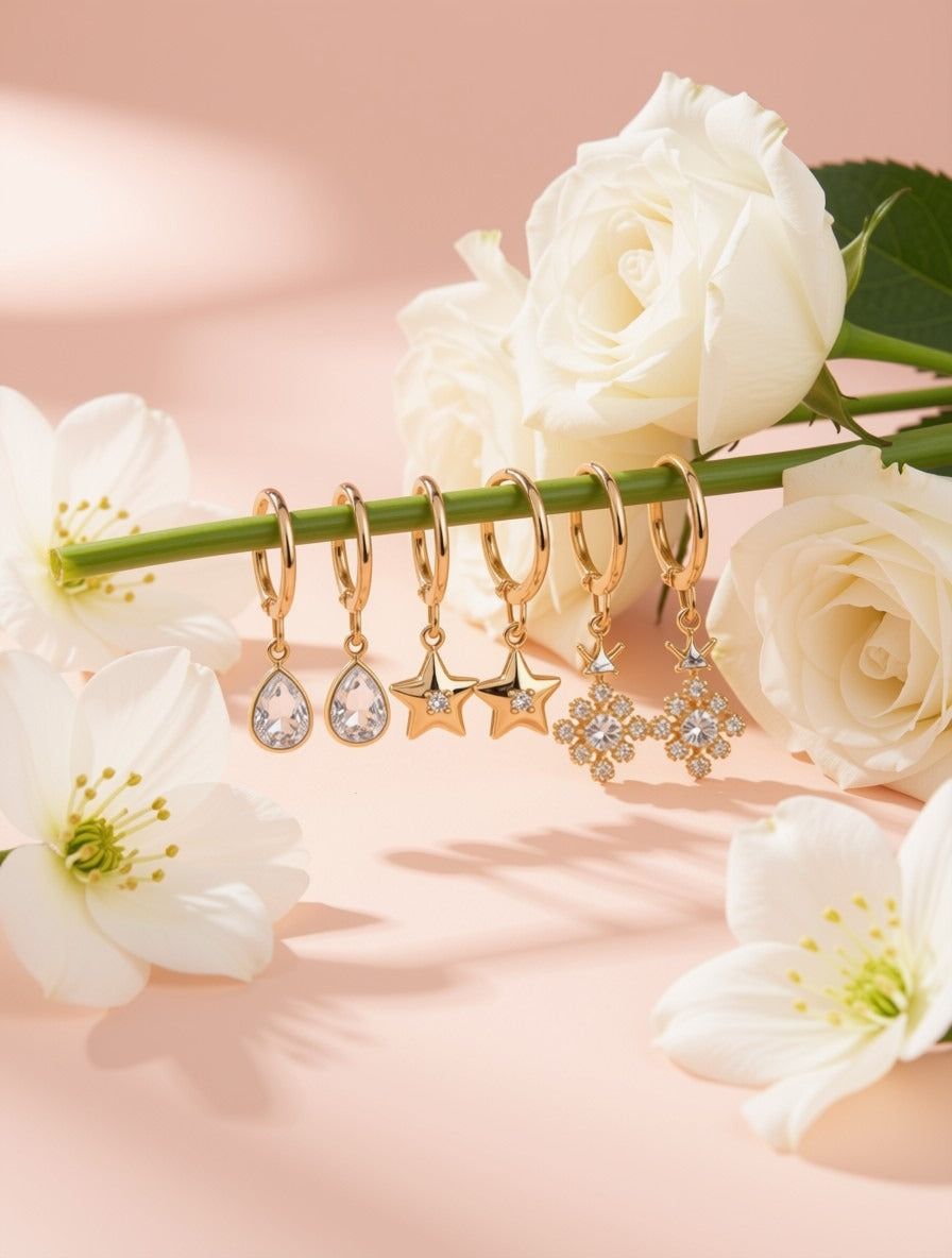 3-Pair Gold-Plated Hoop Earring Set – Teardrop, Star & Sparkling Floral Charm Dangle Earrings for Women