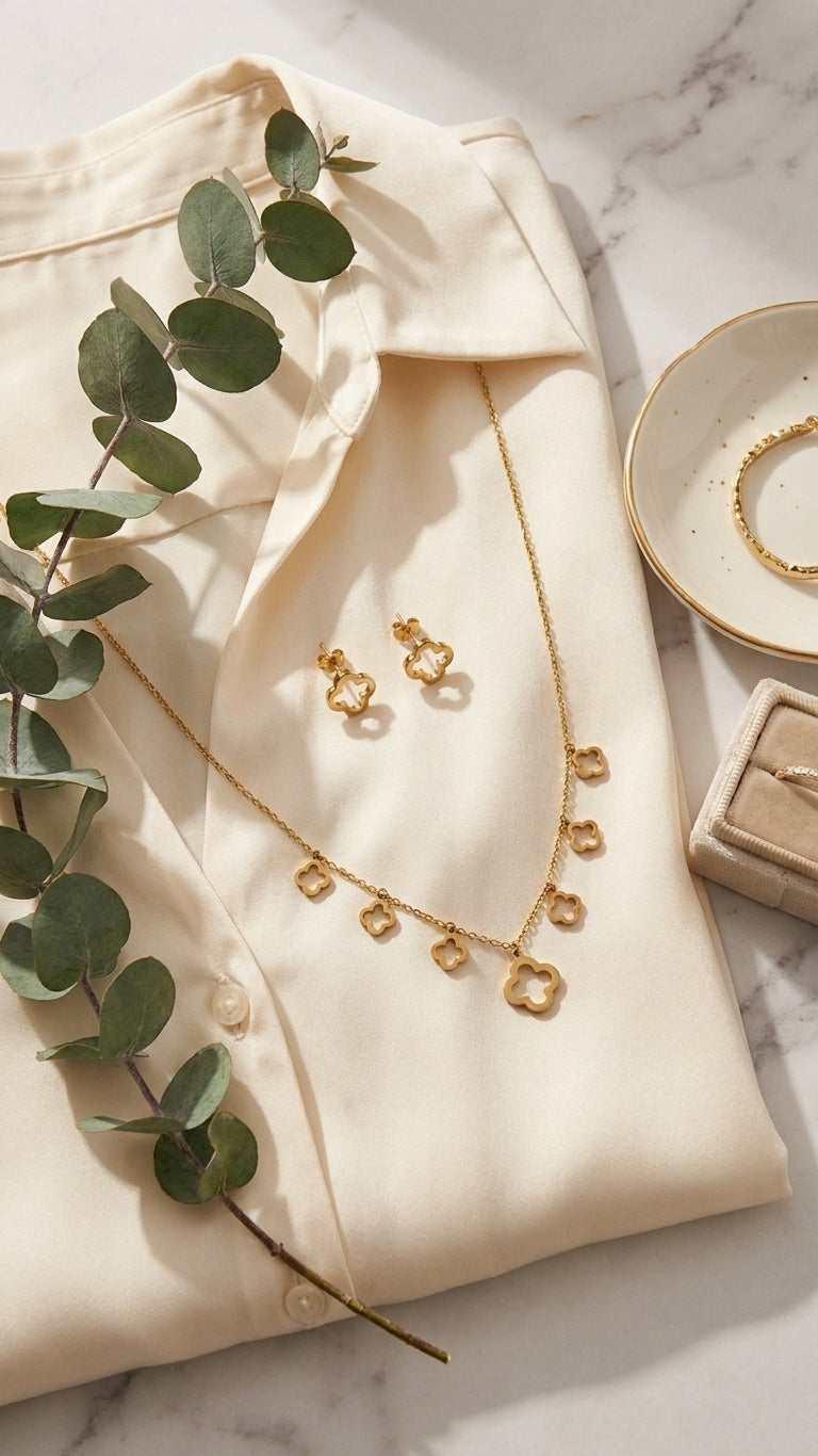 Woman wearing gold multi-clover dangle necklace on black satin dress – dainty gold clover charm necklace statement jewelry AureliaBlends
