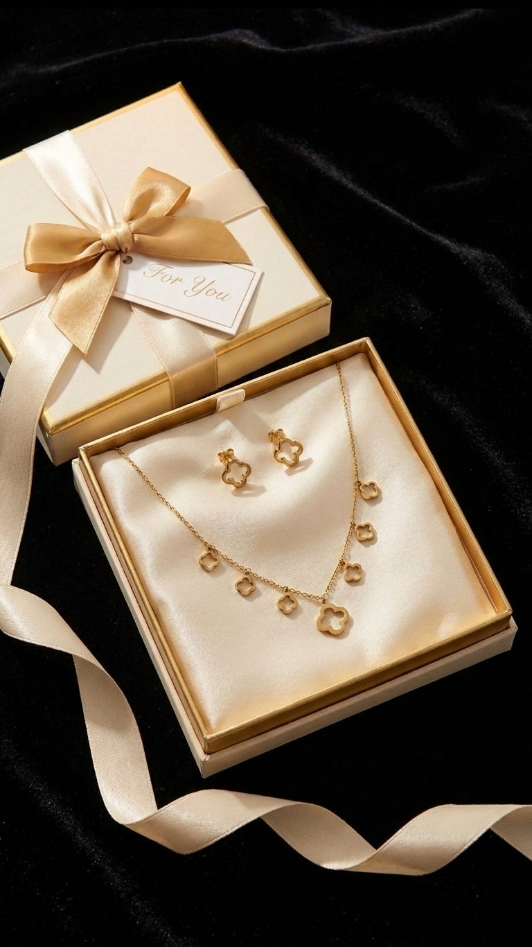 Gold clover charm necklace and earrings set displayed on dark jewelry bust in luxury boutique showcase with orchids – formal occasion jewelry UAE UK