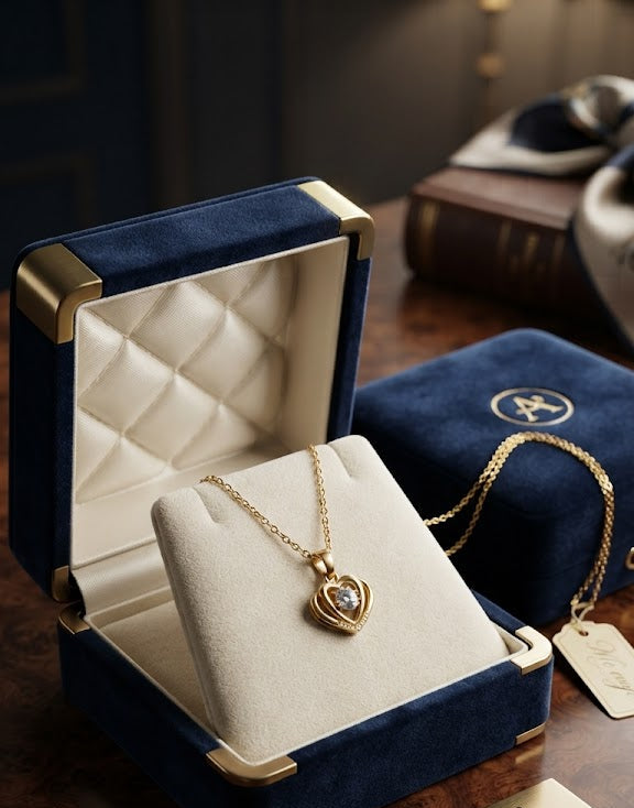 Woman wearing gold CZ crown heart pendant necklace with navy silk blouse – AureliaBlends bridal jewelry lifestyle shot