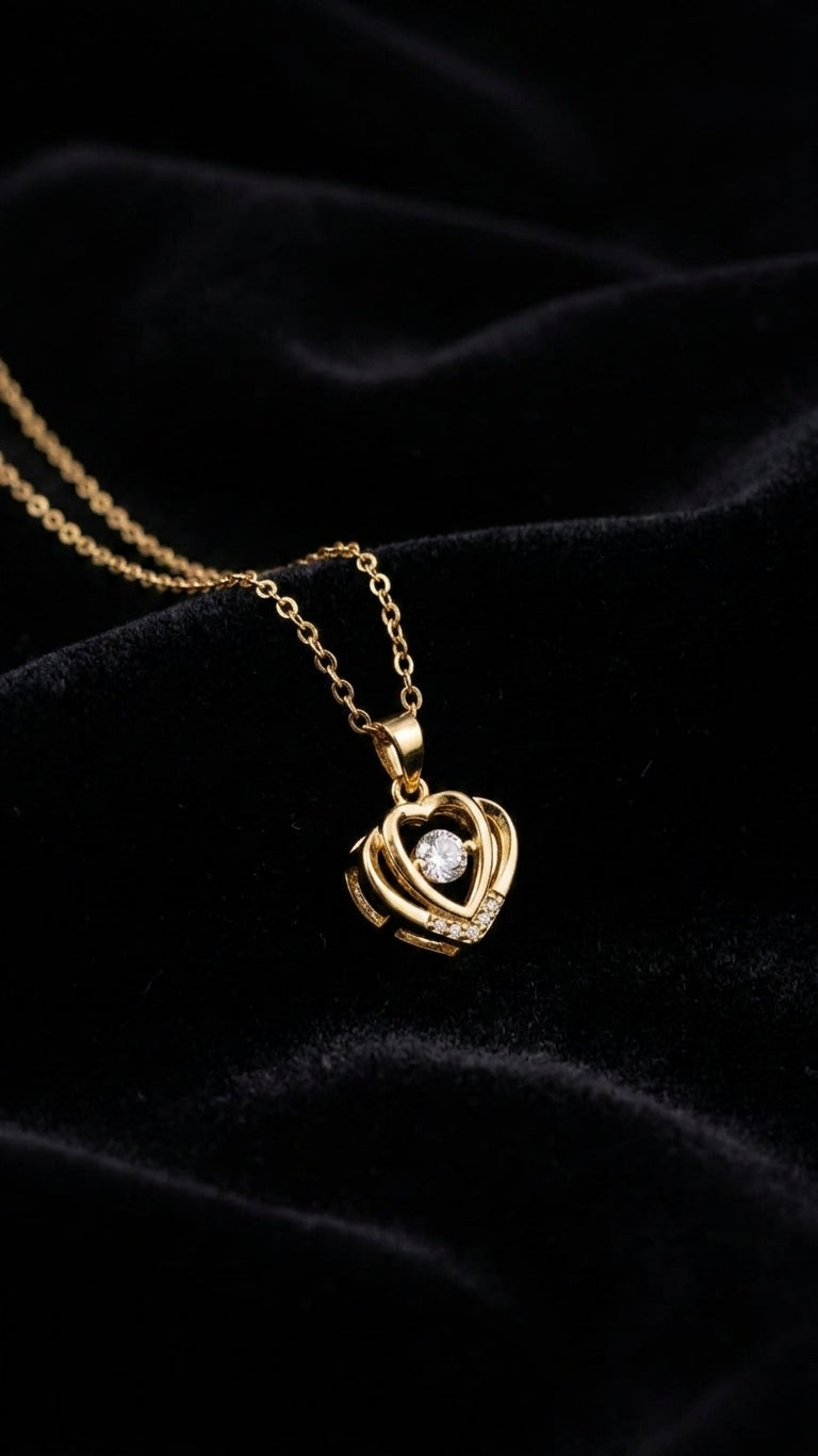 AureliaBlends gold CZ heart pendant necklace flat lay with navy velvet gift box and gold chain detail