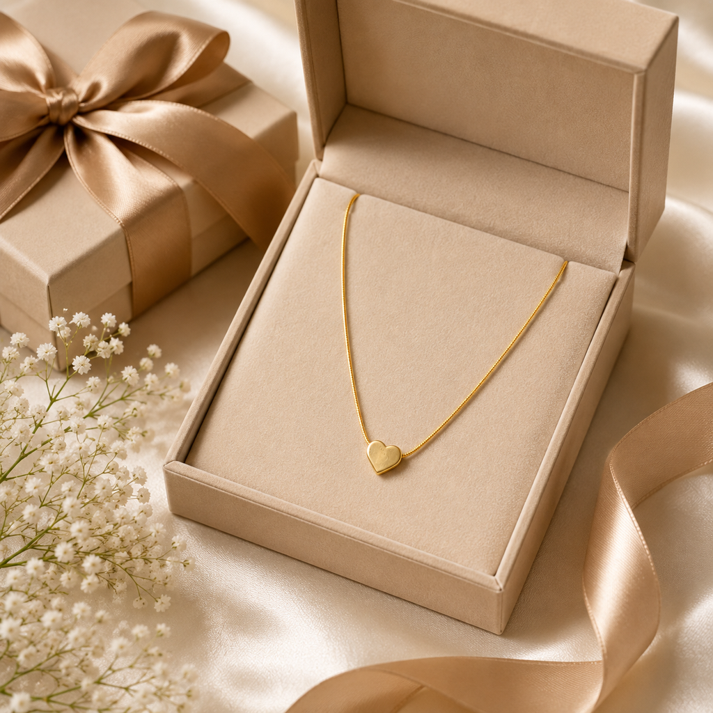Gold solid heart pendant necklace displayed on black velvet jewelry bust in luxury jewellery boutique with gift box and 'Timeless Elegance' branding card – AureliaBlends
