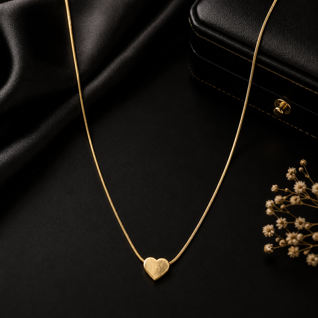 Dainty gold heart necklace in open beige velvet luxury gift box with 'Especially For You' card on pink and teal satin with flowers – gift for her UAE UK