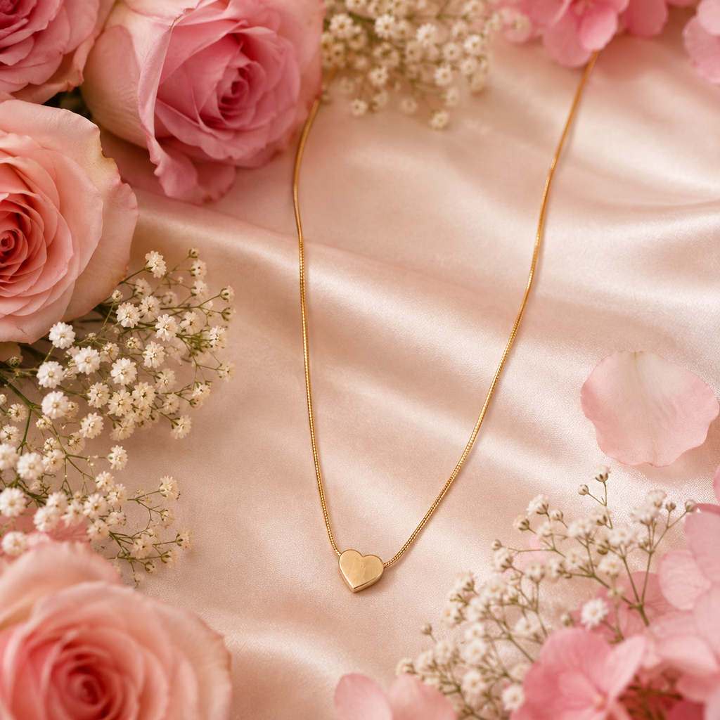 Gold heart pendant necklace on snake chain flatlay on cream satin with baby's breath – dainty gold heart charm necklace USA Australia