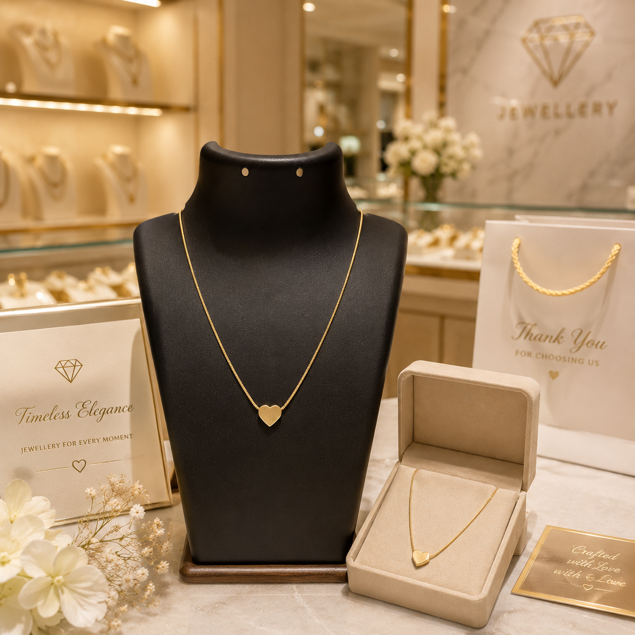 Gold solid heart pendant necklace in beige luxury gift box with satin ribbon on cream background – bridesmaid jewelry bridal shower gift UK UAE