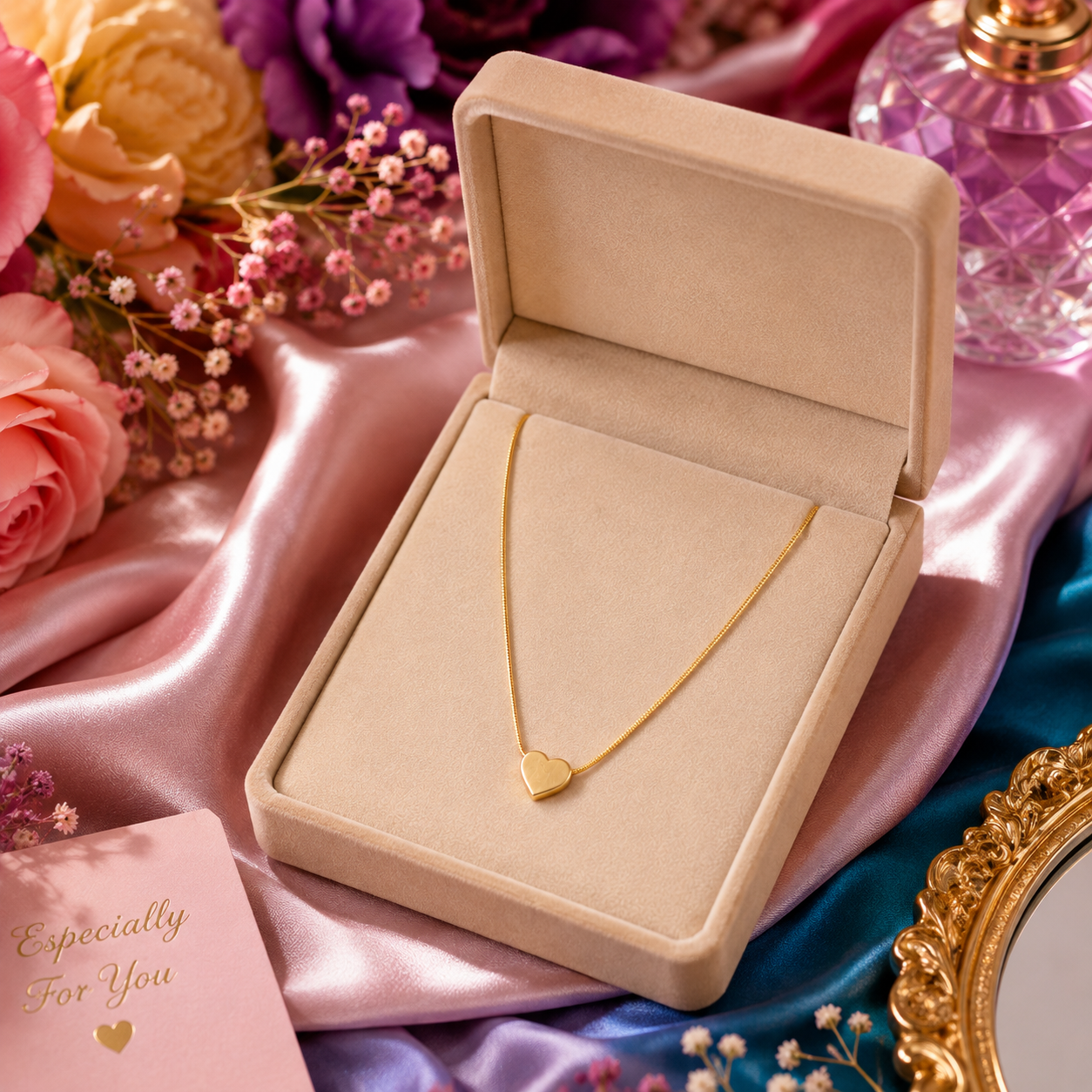 Dainty gold heart necklace in open velvet gift box with 'Especially For You' card surrounded by pink roses and flowers – romantic anniversary gift necklace Australia USA