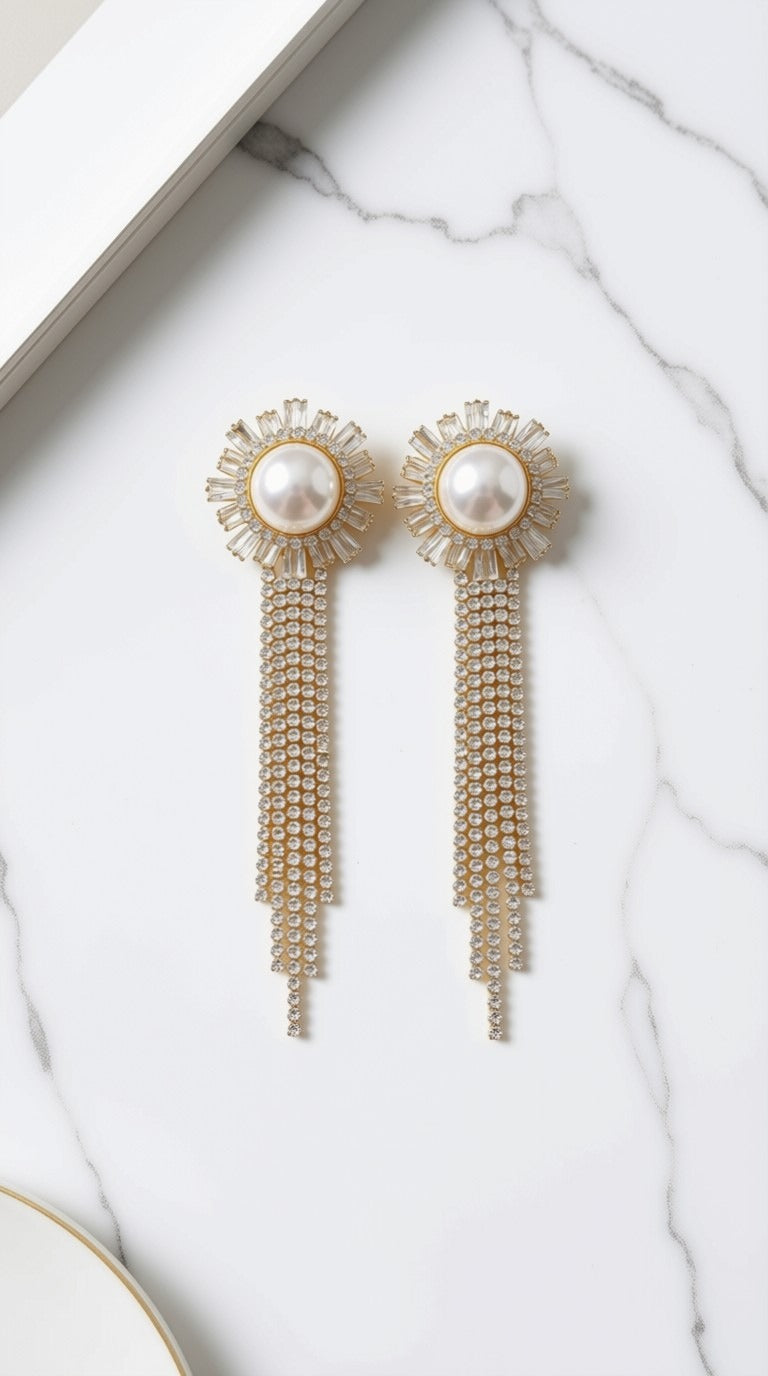 Radiant Pearl & Sunburst Crystal Fringe Earrings – Glamorous Statement Tassel Drop Dangler Jewelry