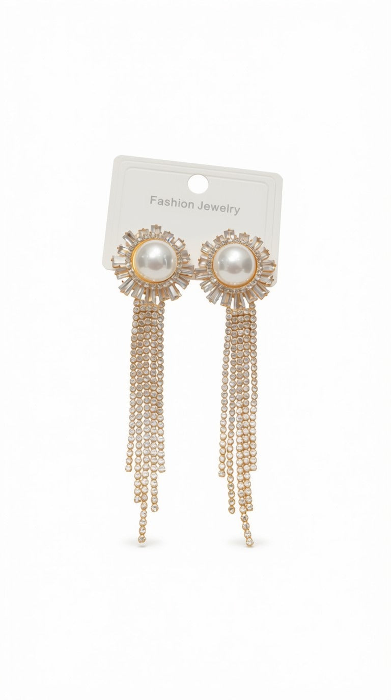 Radiant Pearl & Sunburst Crystal Fringe Earrings – Glamorous Statement Tassel Drop Dangler Jewelry