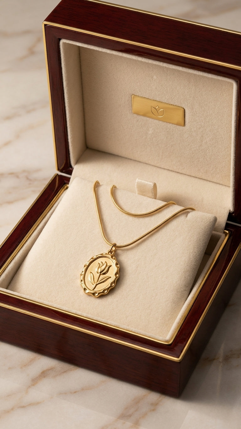 Gold tulip medallion pendant necklace in open beige velvet luxury gift box with satin bow on marble with lavender and rose petals – bridal jewelry gift AureliaBlends