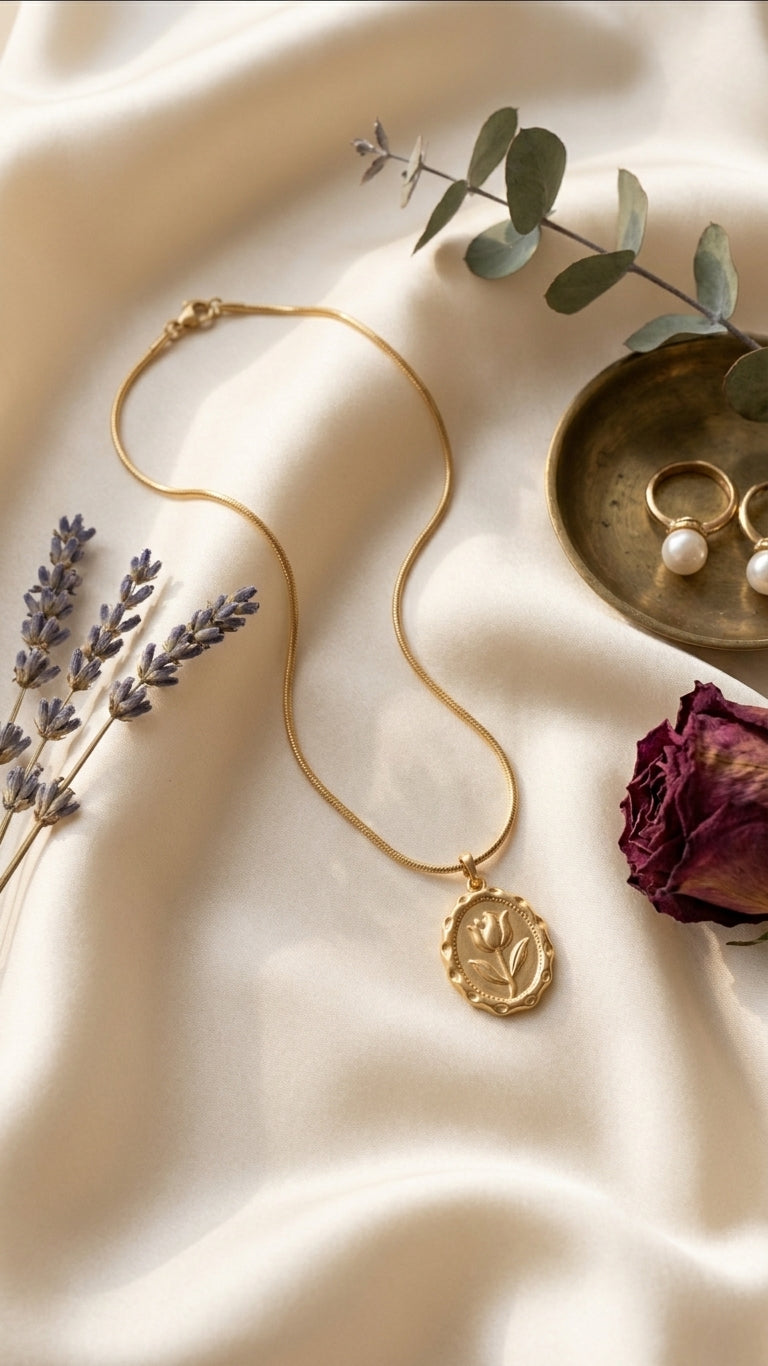 Gold tulip medallion pendant necklace on black velvet jewelry bust surrounded by dark roses, rose petals and gold wax seals – romantic bridal jewelry gift for her