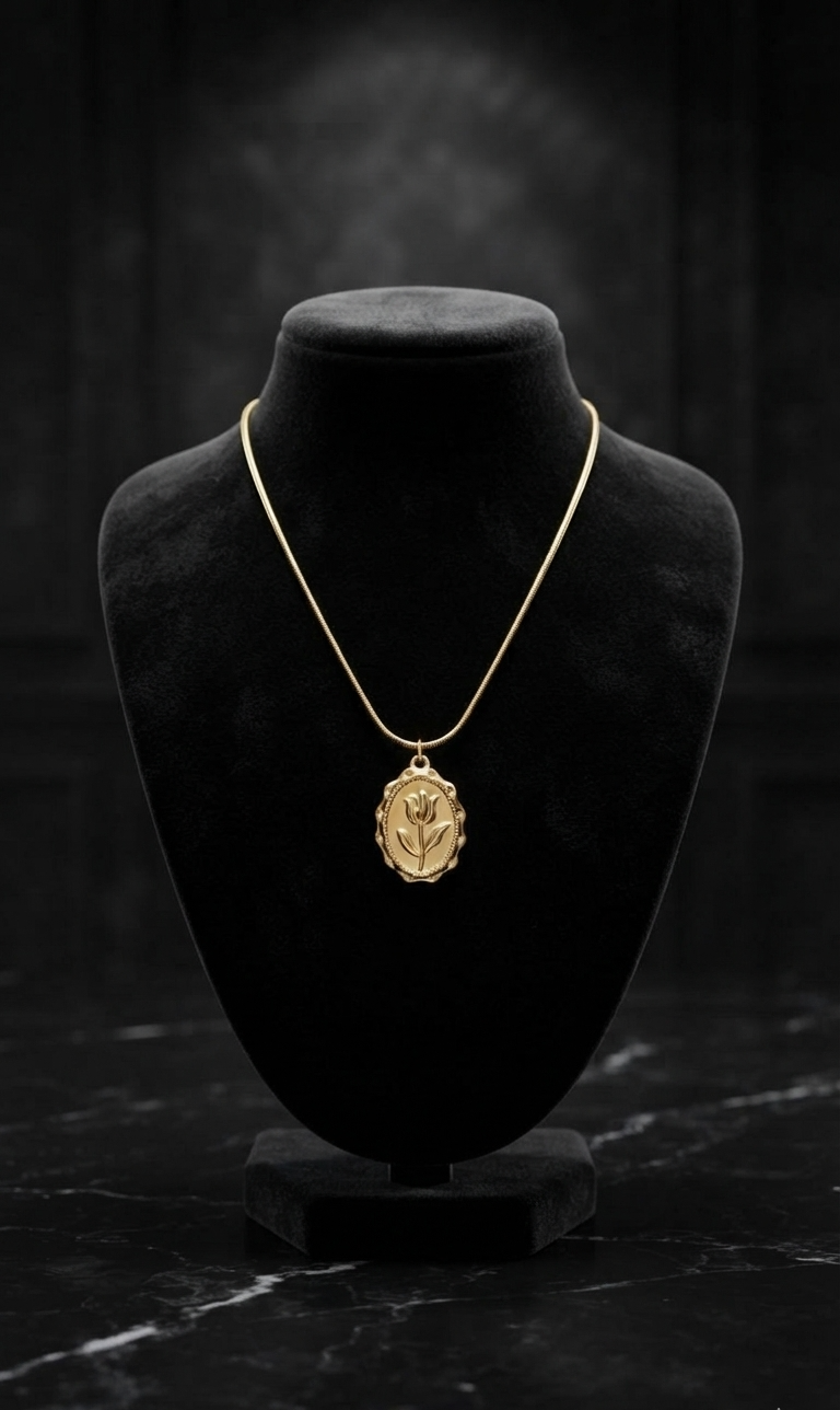 Gold tulip medallion pendant necklace on cream velvet jewelry bust with pink roses and teal velvet jewellery boxes – formal occasion necklace UAE Australia AureliaBlends