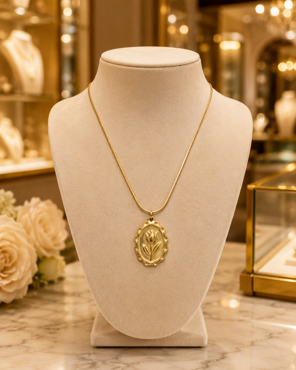 Gold tulip medallion necklace in open luxury gift box with satin ribbon on marble – bridesmaid jewelry bridal shower gift UK UAE Australia