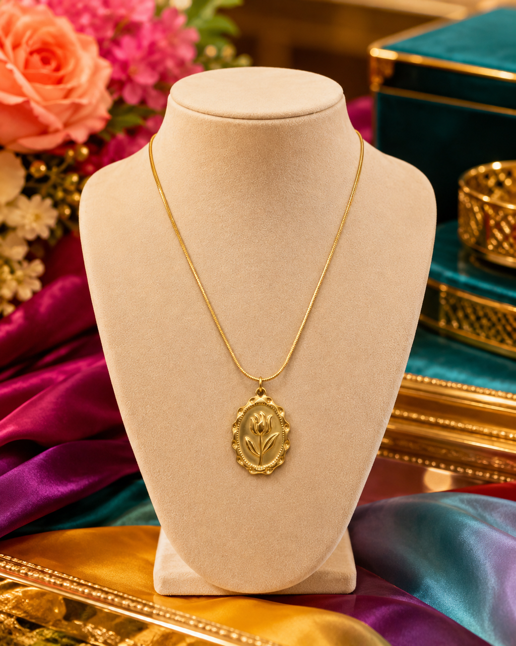 Gold oval tulip engraved medallion pendant necklace on snake chain on cream satin – romantic gold botanical necklace anniversary gift USA UAE