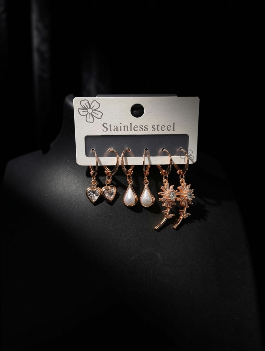 3-Pair Gold-Plated Hoop Earring Set – Heart, Pearl & Floral Drop Earrings for Women