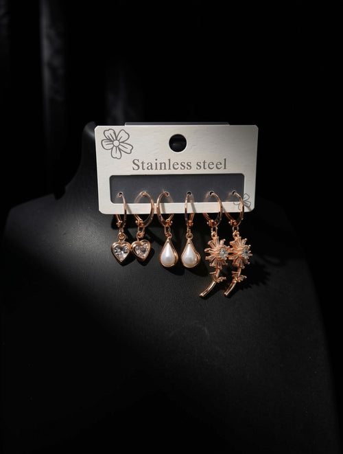 3-Pair Gold-Plated Hoop Earring Set – Heart, Pearl & Floral Drop Earrings for Women