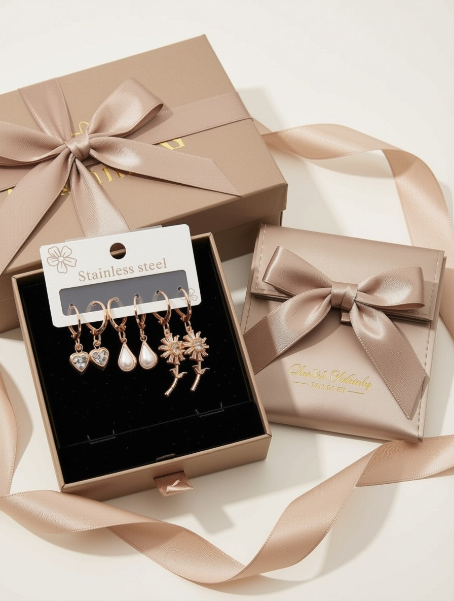 3-Pair Gold-Plated Hoop Earring Set – Heart, Pearl & Floral Drop Earrings for Women