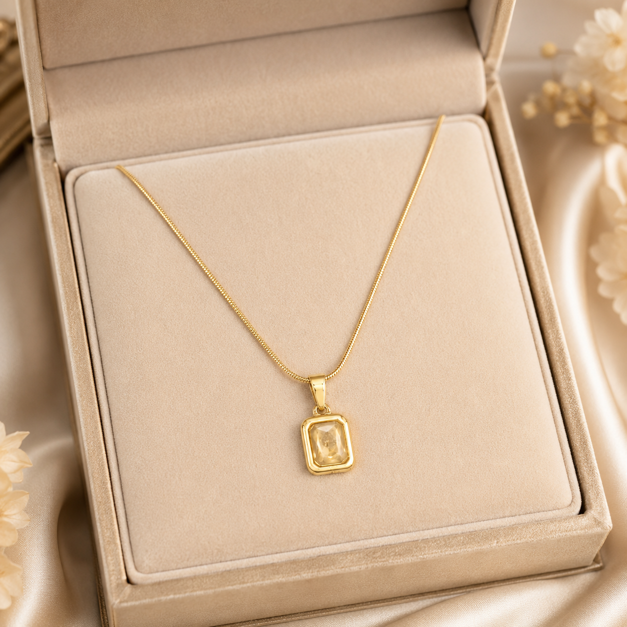 Gold champagne crystal rectangle pendant necklace in open beige luxury gift box with satin bow and 'A Gift For You' card on cream satin – bridal jewelry gift AureliaBlends