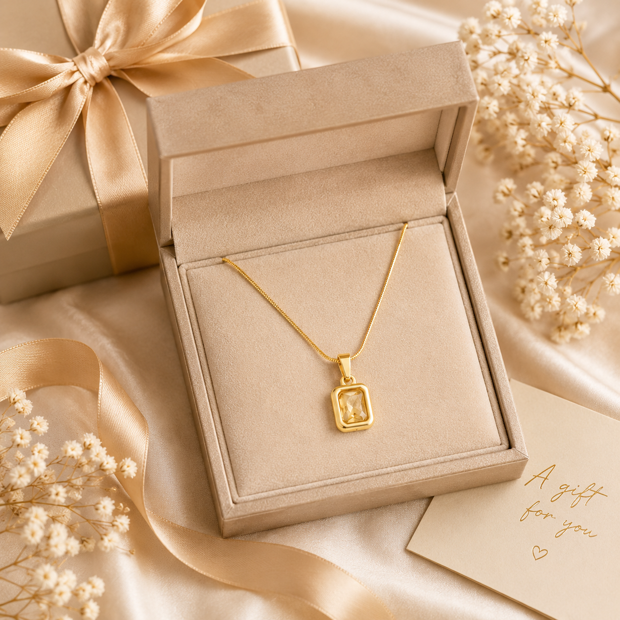 Gold bezel-set champagne crystal rectangle pendant necklace displayed on cream velvet jewelry bust in luxury jewellery boutique with roses and gift box – wedding guest necklace USA UK
