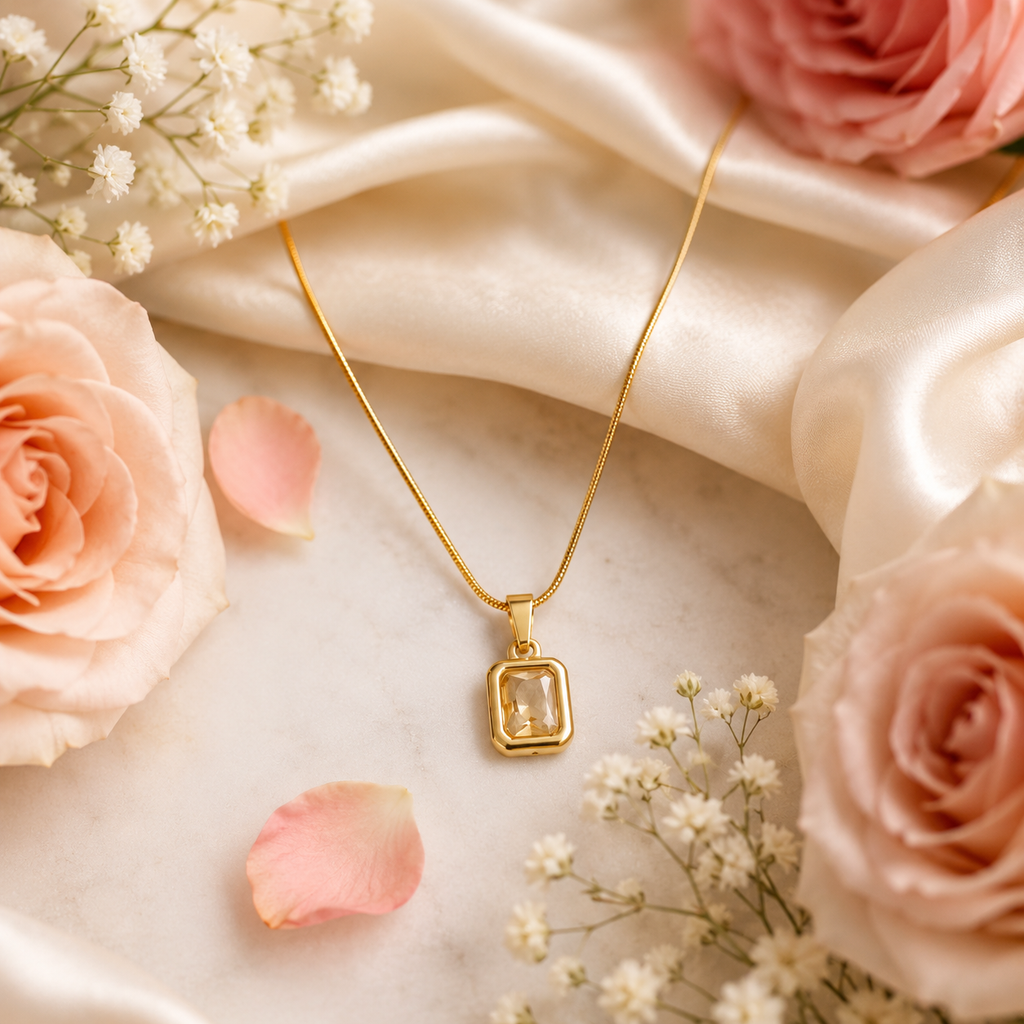 Gold bezel champagne crystal rectangle pendant necklace flatlay on cream satin with baby's breath – dainty gold crystal pendant necklace gift for her AureliaBlends