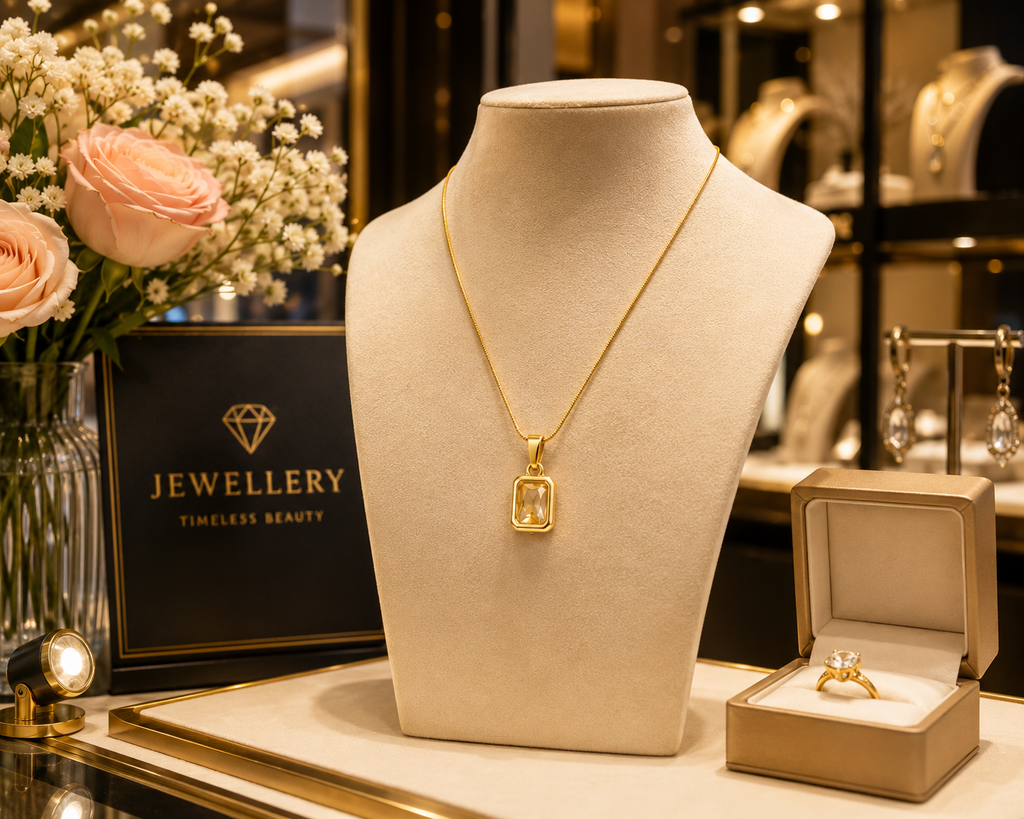 Gold champagne CZ rectangle pendant necklace in luxury gift box with satin ribbon on marble – bridesmaid jewelry bridal shower gift UK UAE Australia