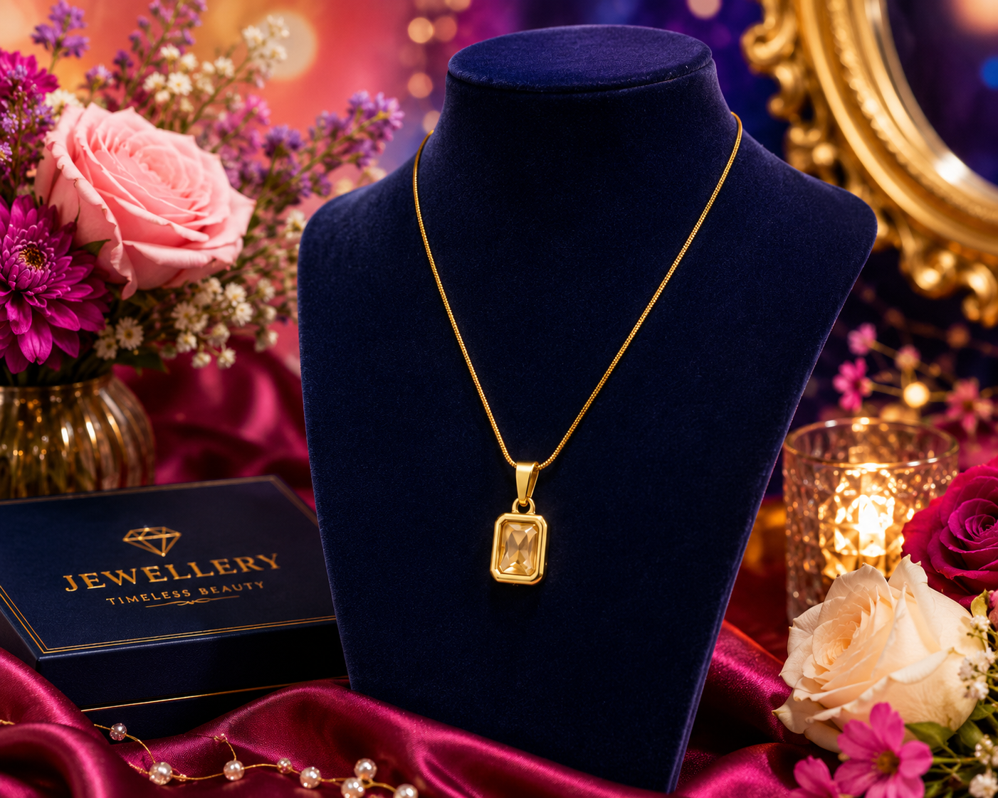 Gold bezel-set champagne crystal rectangle pendant necklace on snake chain on cream satin – luxury crystal drop necklace anniversary gift USA UAE