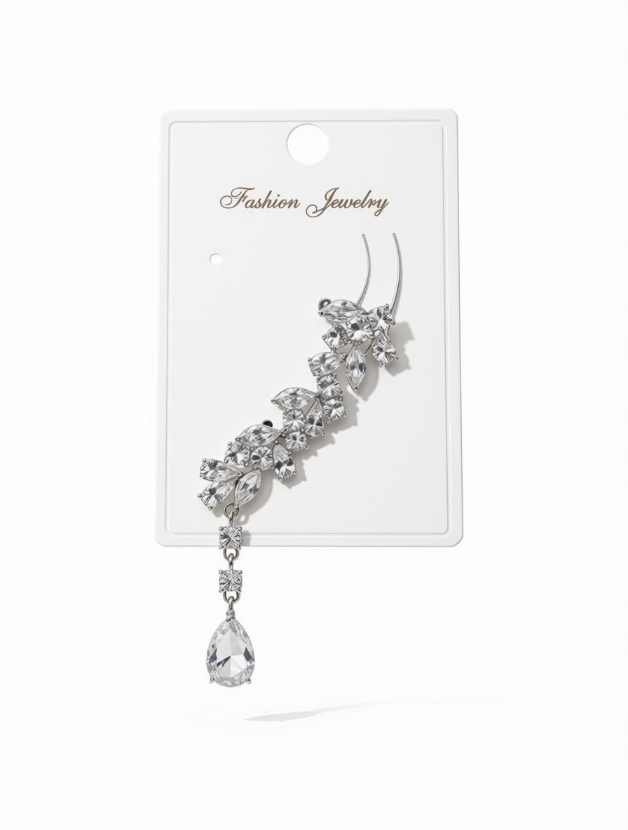 Crystal Leaf Ear Climber with Teardrop Dangle – Glamorous Statement Ear Crawler for Weddings & Parties