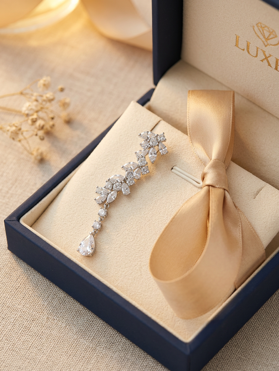 Crystal Leaf Ear Climber with Teardrop Dangle – Glamorous Statement Ear Crawler for Weddings & Parties