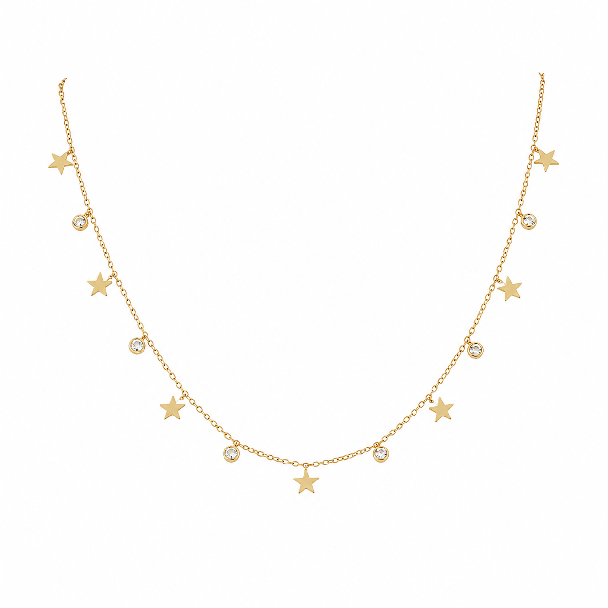 Gold star and CZ crystal charm dangle necklace flatlay on cream satin with dried baby's breath and gold ornate mirror – celestial star necklace gold gift for her AureliaBlends