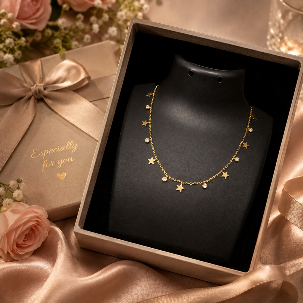 Gold star and crystal charm dangle necklace on black velvet jewelry bust in luxury jewellery boutique with roses and gold display cases – wedding guest necklace USA UK Australia