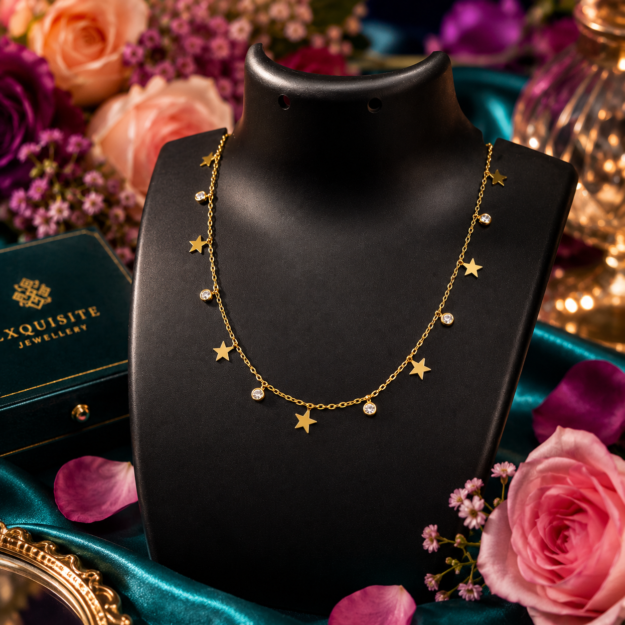 Gold star charm and CZ crystal dangle necklace on cream satin – celestial gold drop necklace anniversary gift USA UAE