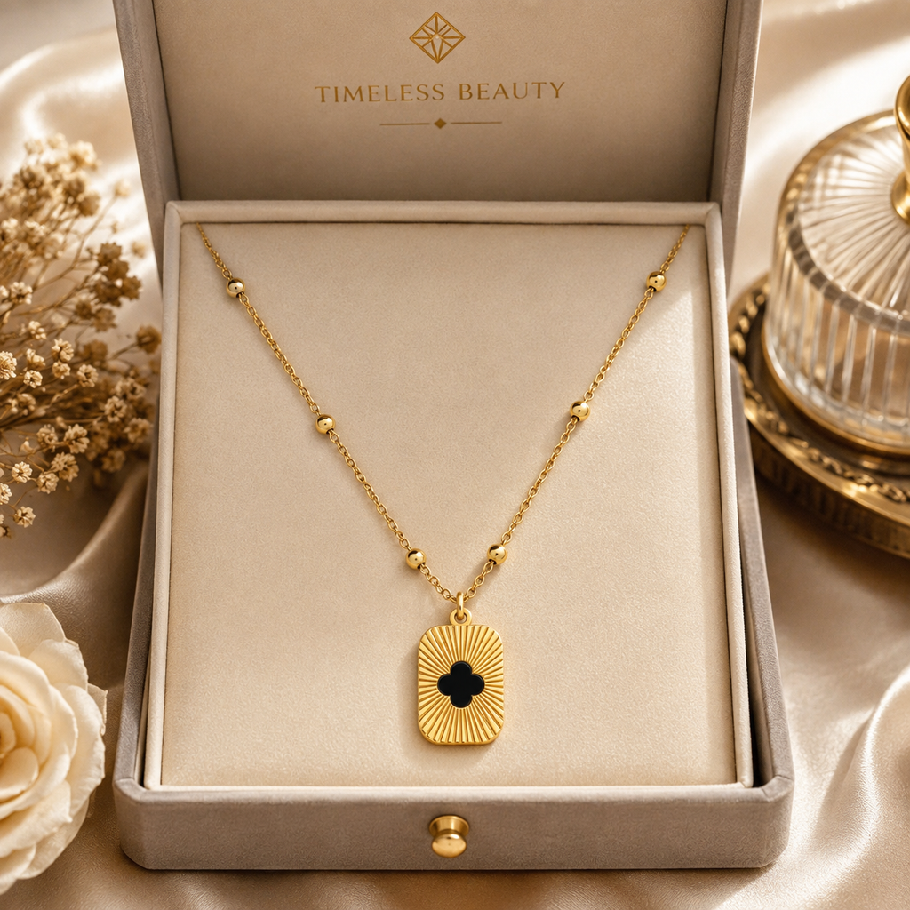 Gold sunburst clover tag pendant necklace in open beige luxury gift box with 'For You' card, pink roses and satin ribbon – bridal jewelry gift AureliaBlends