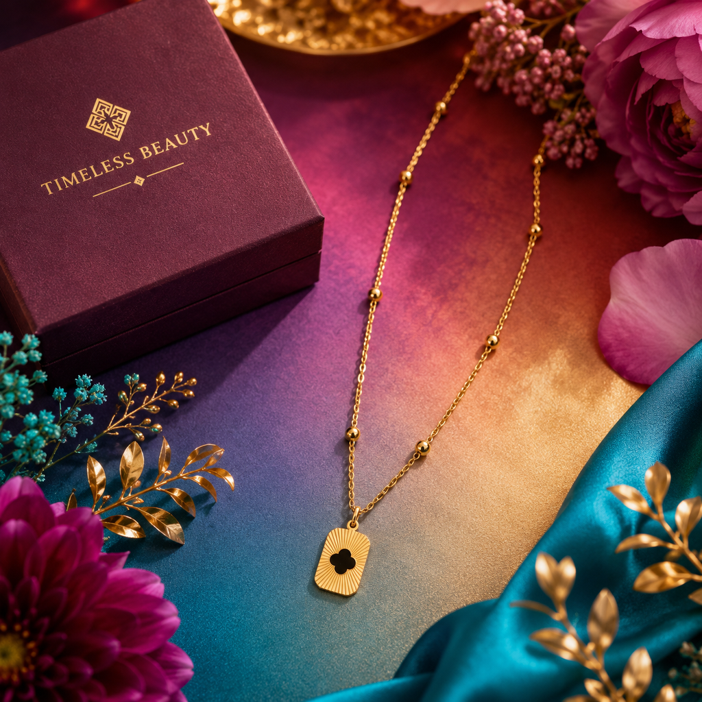 Gold sunburst clover cutout rectangle tag pendant on satellite bead chain on cream satin – lucky clover gold necklace anniversary gift USA UAE