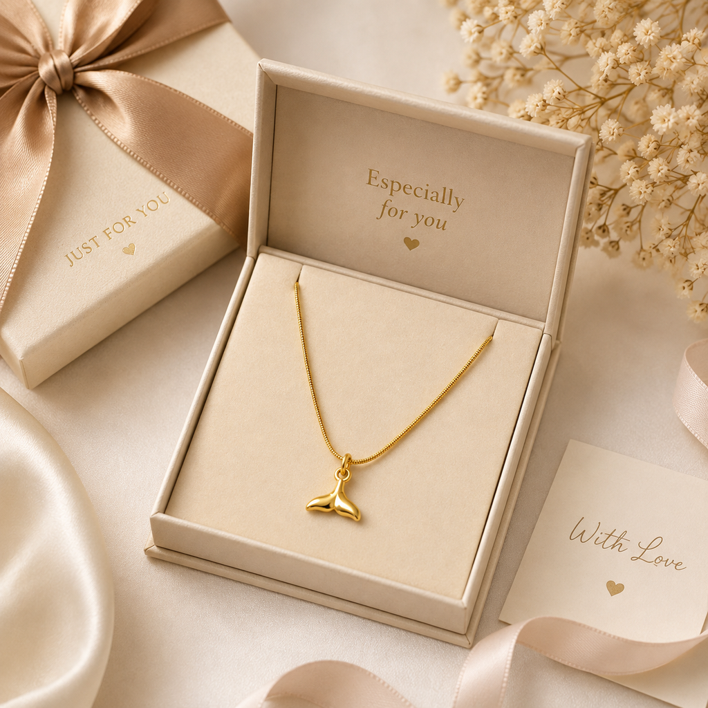 Gold whale tail mermaid pendant necklace on box chain flatlay on white marble with pink roses and baby's breath – romantic ocean jewelry anniversary gift for her